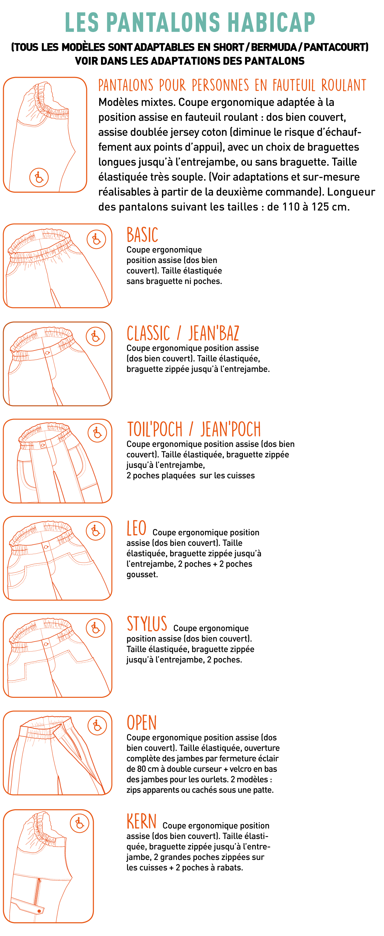 PANTALONS/BERMUDAS FAUTEUILS ROULANTS/TAILLE ÉLASTIQUÉE